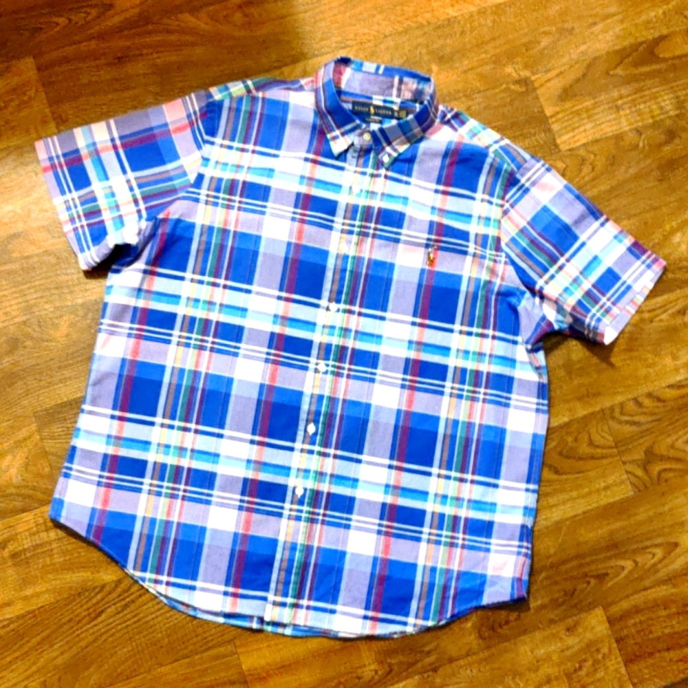 COPY - Polo Ralph Lauren, plaid/pink/blue/multi-color short sleeve Xl button do…